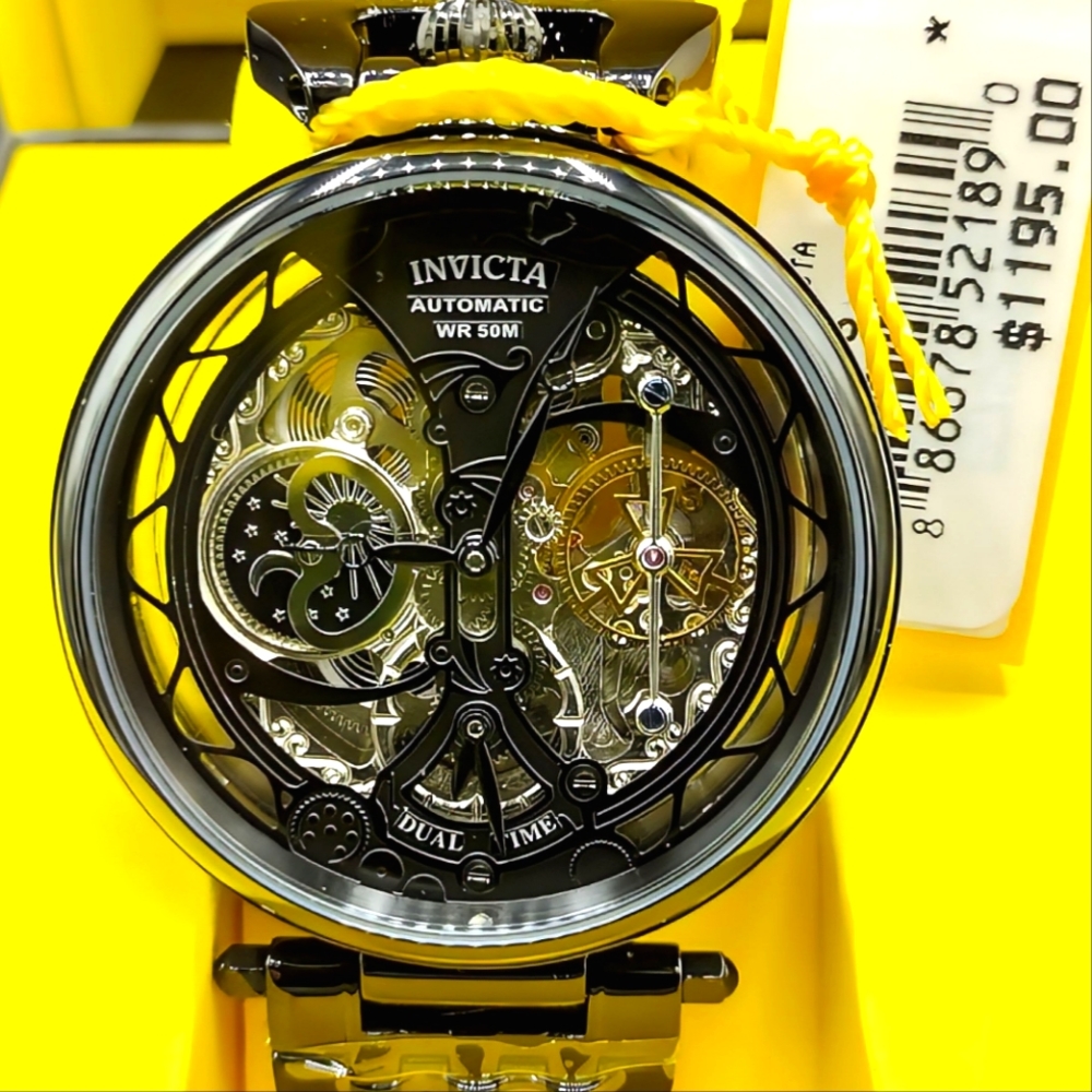 FIRM PRICE-Invicta Objet d'Art Skeleton Dual time stainless steel Watch.